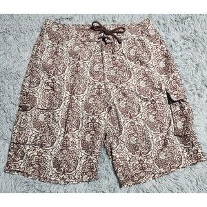 Reunion Swim Trunks Shorts Mens Size Large Brown Hawaiian Print Lined Pockets‎